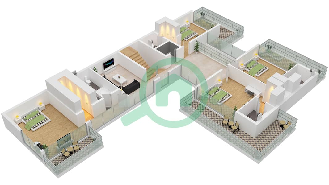 المخططات الطابقية لتصميم النموذج B فیلا 6 غرف نوم - سيكويا First Floor interactive3D