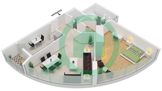 المخططات الطابقية لتصميم النموذج C شقة 1 غرفة نوم - أبراج أورينت