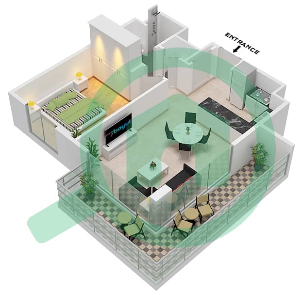 埃拉拉1号楼 - 1 卧室公寓类型／单位1B / UNIT 7 FLOOR 1-8戶型图 Type 1B / Unit 7 Floor 1-8 interactive3D