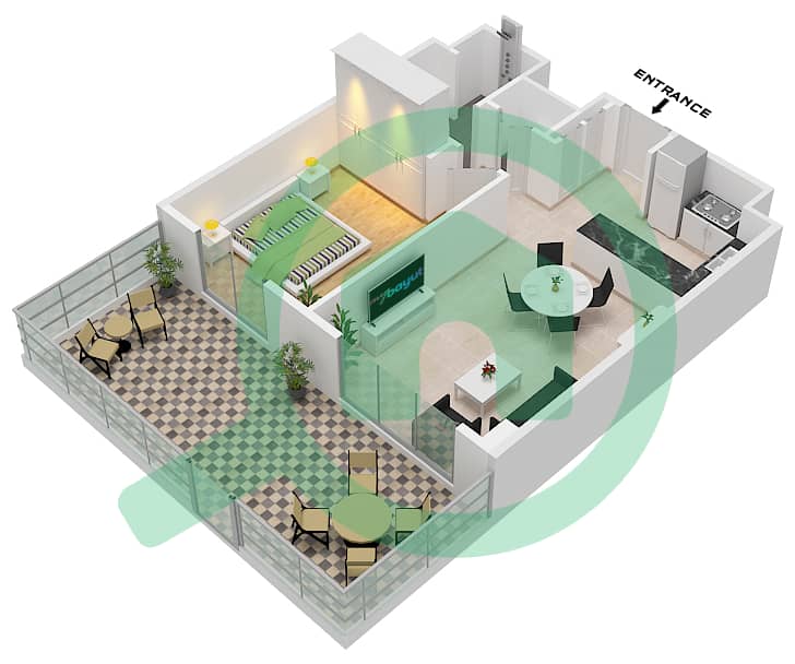 埃拉拉1号楼 - 1 卧室公寓类型／单位1D / UNIT 7 FLOOR GROUND戶型图 Type 1D / Unit 7 Ground Floor interactive3D