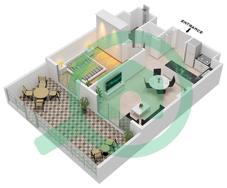 埃拉拉1号楼 - 1 卧室公寓类型／单位1D / UNIT 8 FLOOR GROUND戶型图 Type 1D / Unit 8 Ground Floor interactive3D