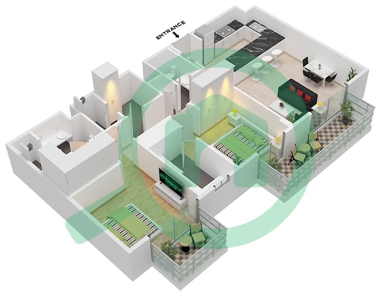 埃拉拉1号楼 - 2 卧室公寓类型／单位2B / UNIT 4 FLOOR 1-8戶型图 Type 2B / Unit 4 Floor 1-8 interactive3D