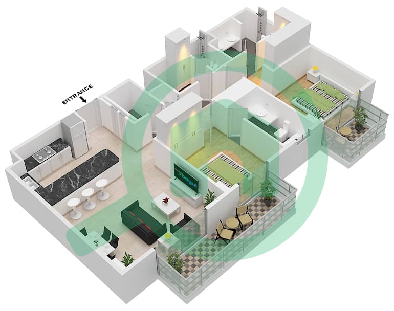 المخططات الطابقية لتصميم النموذج / الوحدة 2B / UNIT 5 FLOOR 1-8 شقة 2 غرفة نوم - بناية إلارا 1 Type 2B / Unit 5 Floor 1-8 interactive3D
