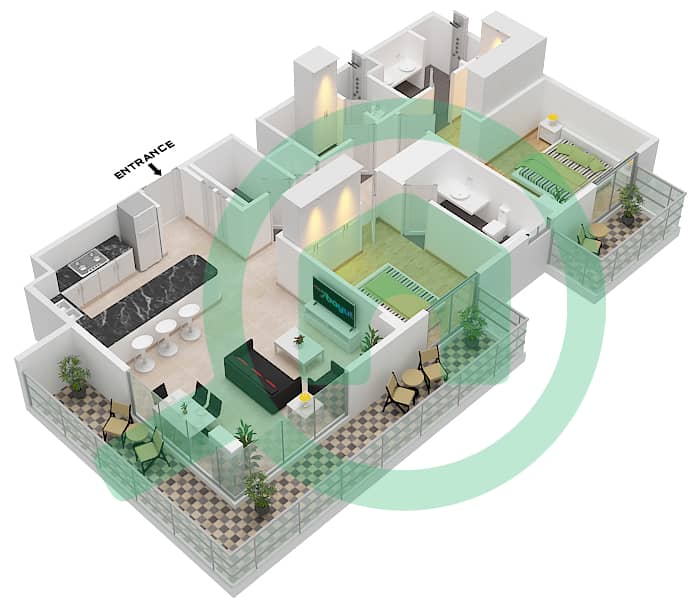 埃拉拉1号楼 - 2 卧室公寓类型／单位2D / UNIT 2 FLOOR 1-8戶型图 Type 2D / Unit 2 Floor 1-8 interactive3D