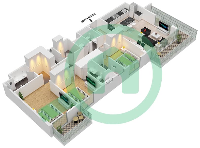 埃拉拉1号楼 - 3 卧室公寓类型／单位3A / UNIT 3 FLOOR 1-8戶型图 Type 3A / Unit 3 Floor 1-8 interactive3D