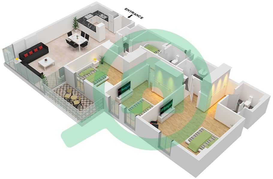 المخططات الطابقية لتصميم النموذج L شقة 3 غرف نوم - سي 3 Floor 1,3,5,7,9,11 interactive3D