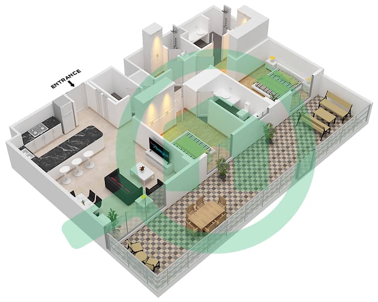 埃拉拉1号楼 - 2 卧室公寓类型／单位2E / UNIT 2 FLOOR GROUND戶型图 Type 2E / Unit 2 Ground Floor interactive3D