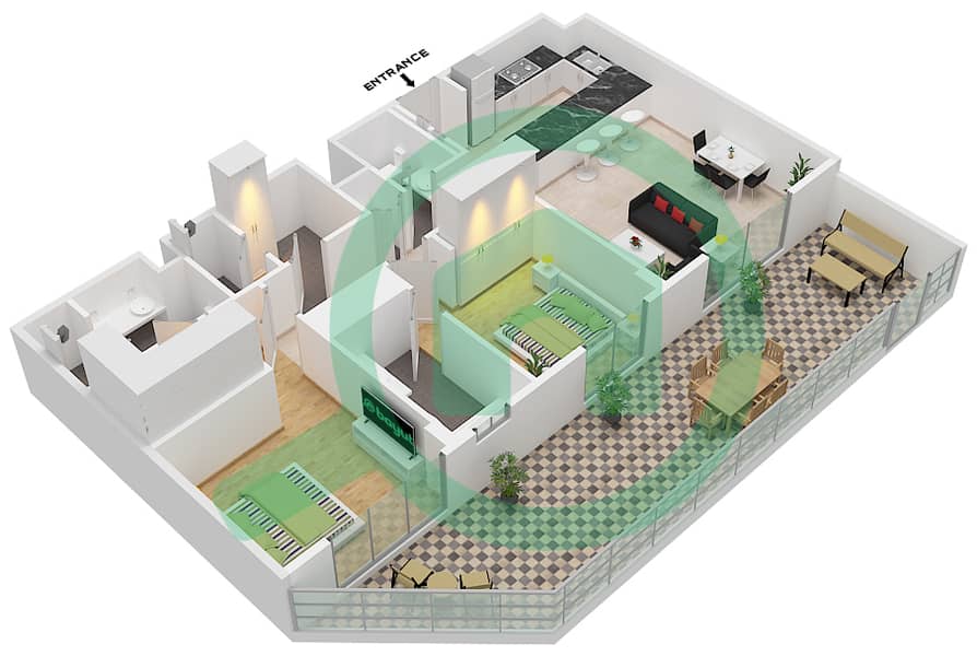 المخططات الطابقية لتصميم النموذج / الوحدة 2E / UNIT 4 FLOOR GROUND شقة 2 غرفة نوم - بناية إلارا 1 Type 2E / Unit 4 Ground Floor interactive3D