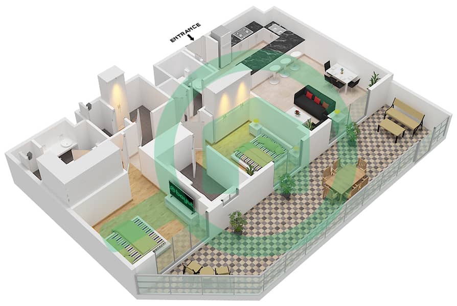 埃拉拉1号楼 - 2 卧室公寓类型／单位2E / UNIT 4 FLOOR GROUND戶型图 Type 2E / Unit 4 Ground Floor interactive3D