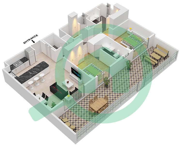 المخططات الطابقية لتصميم النموذج / الوحدة 2E / UNIT 5 FLOOR GROUND شقة 2 غرفة نوم - بناية إلارا 1 Type 2E / Unit 5 Ground Floor interactive3D