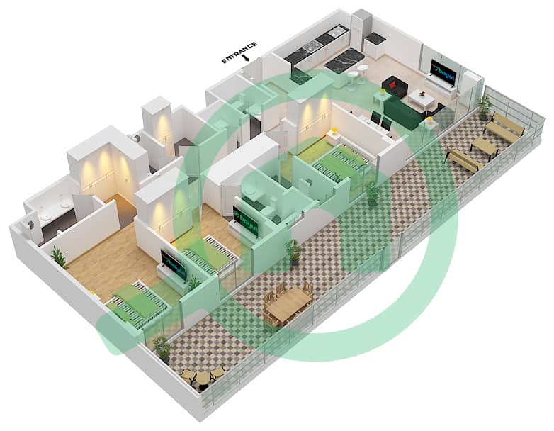 埃拉拉1号楼 - 3 卧室公寓类型／单位3B / UNIT 3 FLOOR GROUND戶型图 Type 3B / Unit 3 Ground Floor interactive3D