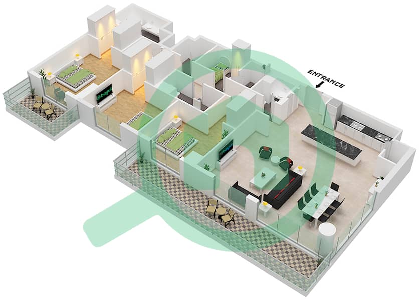 المخططات الطابقية لتصميم النموذج / الوحدة A3,A4 / UNIT 5,8,9 شقة 3 غرف نوم - كاسلتون Unit 5,8,9 Floor 2-19 interactive3D