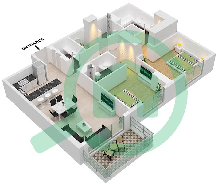 المخططات الطابقية لتصميم النموذج / الوحدة A3,A4 / UNIT 5 7 FLOOR 2 شقة 2 غرفة نوم - كاسلتون Unit 5 7 Floor 2-19 interactive3D