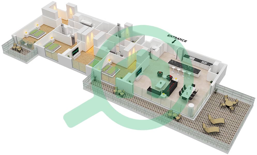 المخططات الطابقية لتصميم النموذج / الوحدة A1 / UNIT 4 FLOOR 14 شقة 4 غرف نوم - كاسلتون Unit 4 Floor 14 interactive3D