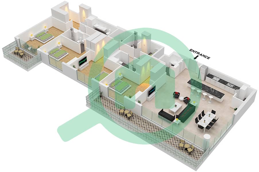 المخططات الطابقية لتصميم النموذج / الوحدة A2 / UNIT 4 FLOOR 15-19 شقة 4 غرف نوم - كاسلتون interactive3D