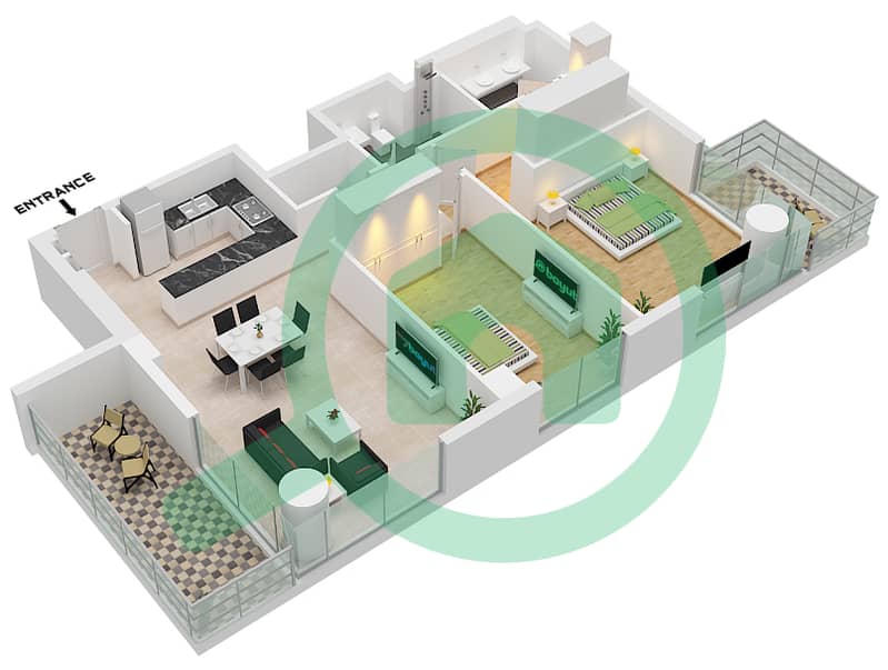المخططات الطابقية لتصميم النموذج / الوحدة B2,B3 / UNIT 4,7,9 شقة 2 غرفة نوم - كاسلتون Unit 4,7,9 Floor 2-19 interactive3D