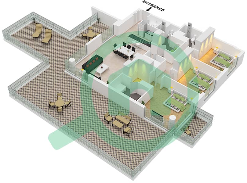 المخططات الطابقية لتصميم النموذج / الوحدة B1  / UNIT 3 FLOOR 14 شقة 3 غرف نوم - كاسلتون Unit 3 Floor 14 interactive3D