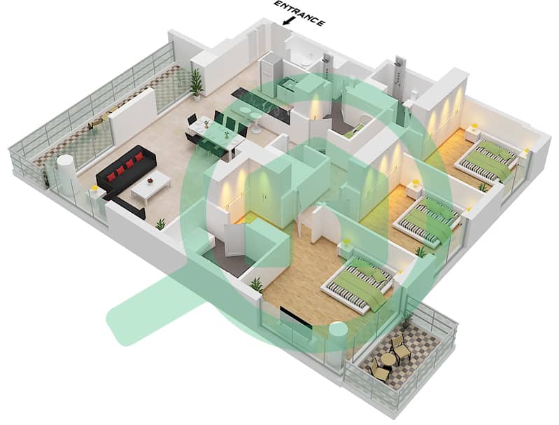 المخططات الطابقية لتصميم النموذج / الوحدة B2 / UNIT 3 FLOOR 15-19 شقة 3 غرف نوم - كاسلتون Unit 3 Floor 15-19 interactive3D
