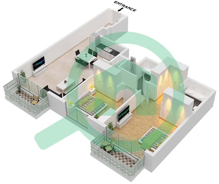 المخططات الطابقية لتصميم النموذج / الوحدة C1 / UNIT 9 FLOOR 16-19 شقة 2 غرفة نوم - كاسلتون Unit 9 Floor 16-19 interactive3D