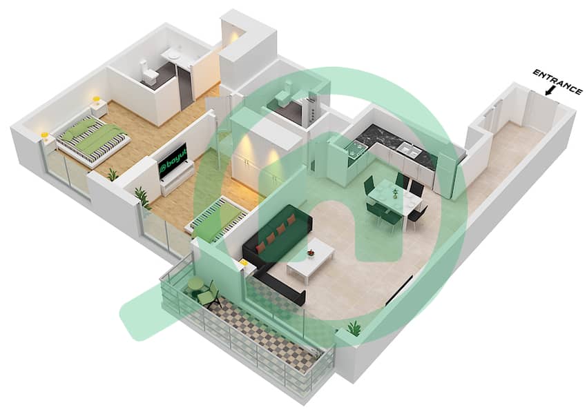 المخططات الطابقية لتصميم النموذج / الوحدة D1 / UNIT 8 FLOOR 16-19 شقة 2 غرفة نوم - كاسلتون Unit 8 Floor 16-19 interactive3D