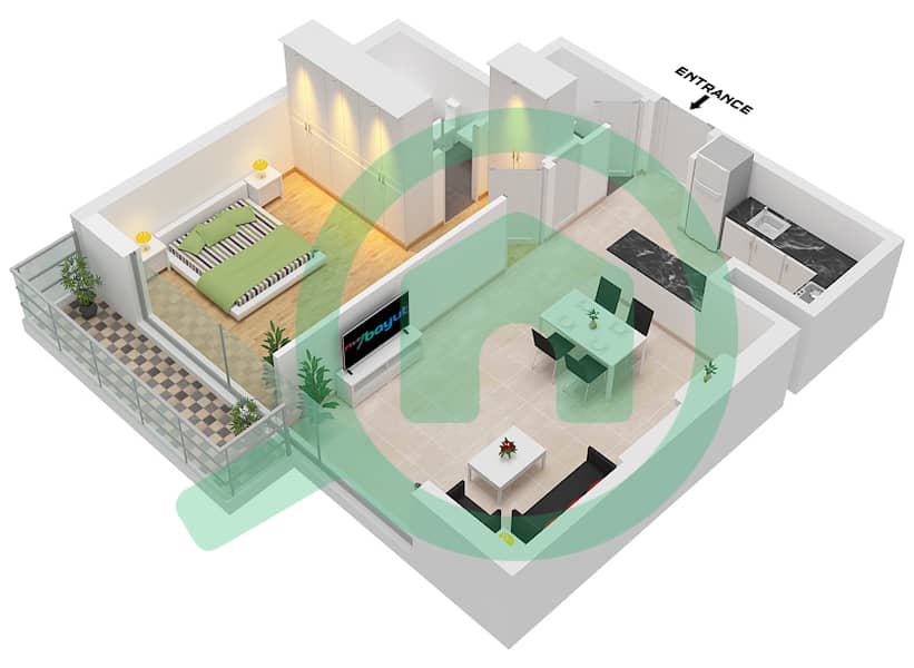 المخططات الطابقية لتصميم النموذج A1 شقة 1 غرفة نوم - PG ابرهاوس interactive3D