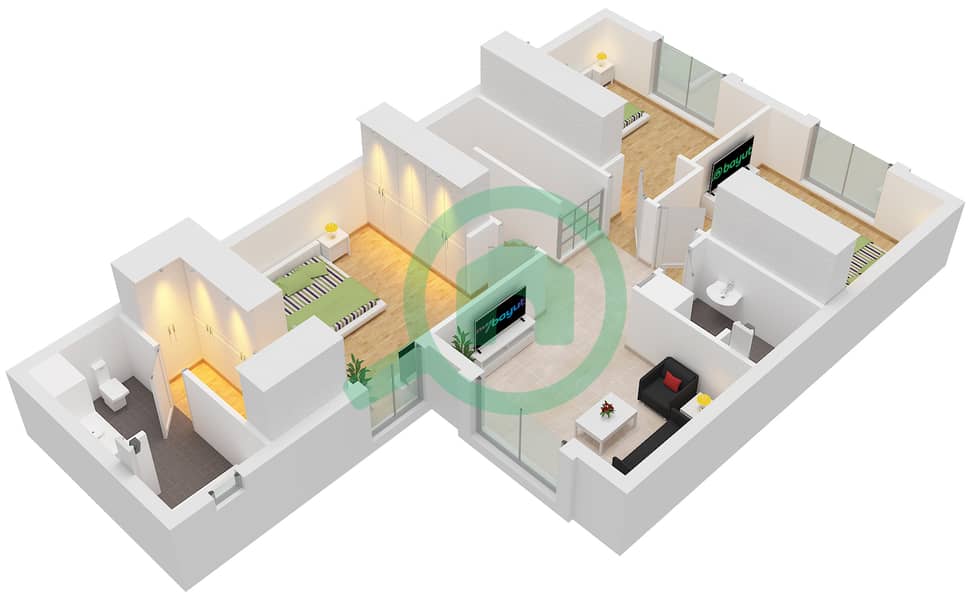 المخططات الطابقية لتصميم النموذج A تاون هاوس 3 غرف نوم - مدينة الشارقة المستدامة First Floor interactive3D