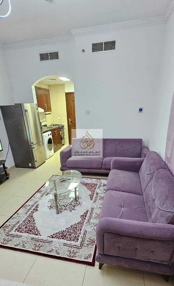For rent in Ajman, a furnished studio for monthly rent, furnished with new furniture in Ajman, the first inhabitant of the Jasmine Towers, with a very