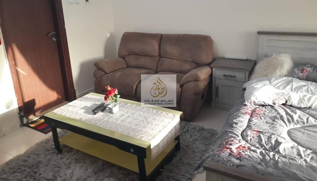 For rent in Ajman, a furnished studio for monthly rent, furnished, new furniture, in Ajman, in the Orient Towers, a large area, including electricity,