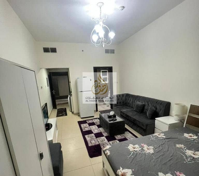 For rent in Ajman, a furnished studio for monthly rent, furnished, new furniture, in Ajman, the Jasmine Towers, a large area, including electricity, w