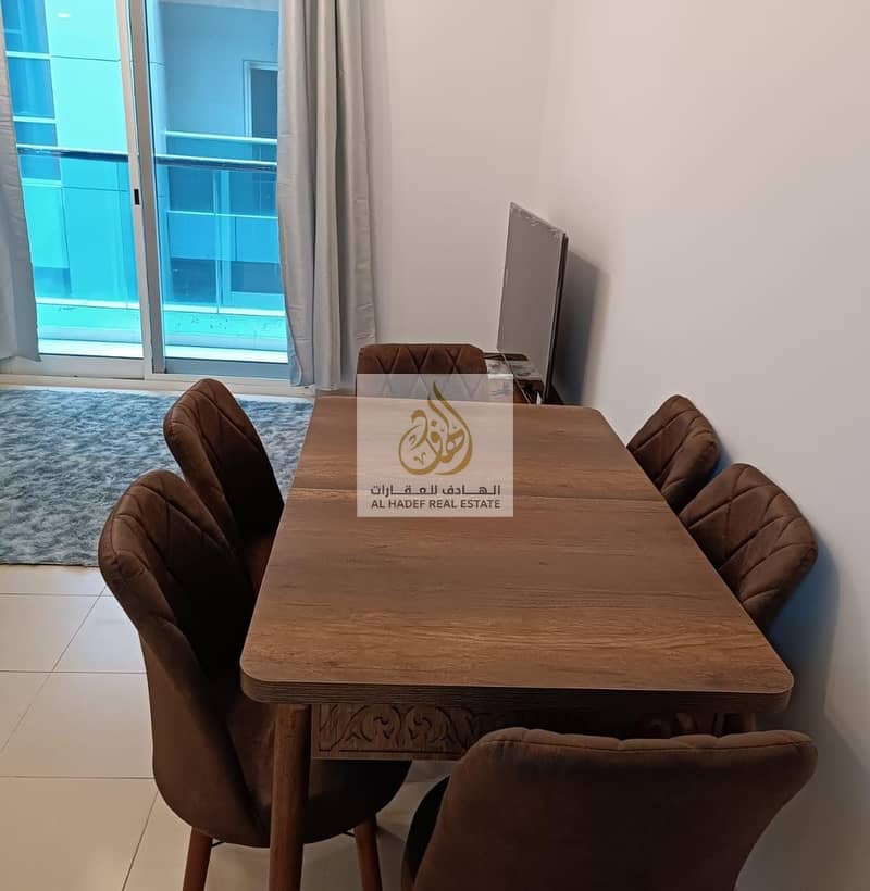 For rent in Ajman, a furnished room and hall for monthly rent, furnished, new furniture in Ajman, a room and a hall, including internet, electricity,