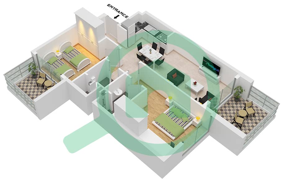 المخططات الطابقية لتصميم النموذج E شقة 2 غرفة نوم - ماج 318 interactive3D