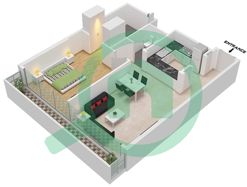 المخططات الطابقية لتصميم النموذج A شقة 1 غرفة نوم - برايم ريزدنسي 3 interactive3D