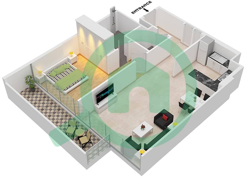 顶级住宅3号公寓 - 1 卧室公寓类型B戶型图 interactive3D