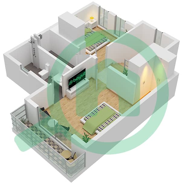 المخططات الطابقية لتصميم النموذج / الوحدة 2M / MIDDLE تاون هاوس 2 غرفة نوم - بلوم ليفينج 2M First Floor interactive3D