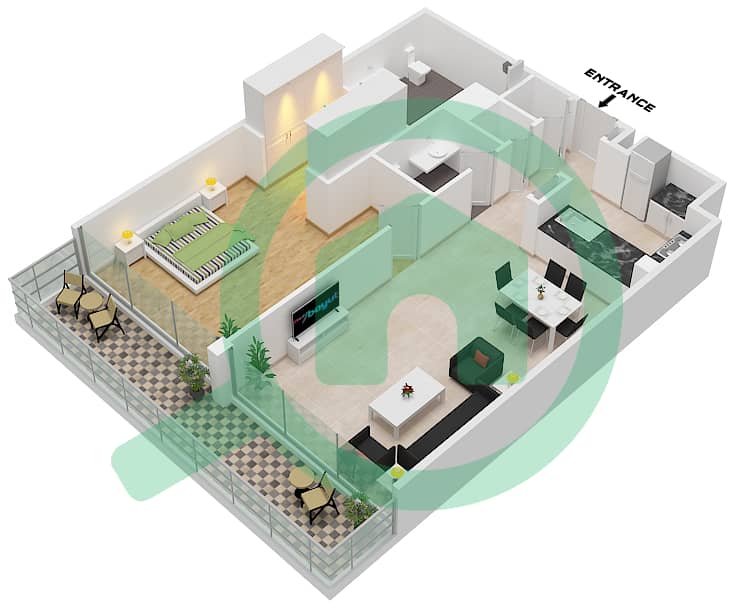 المخططات الطابقية لتصميم النموذج 1A شقة 1 غرفة نوم - بارك غيت ريزيدنسيز interactive3D