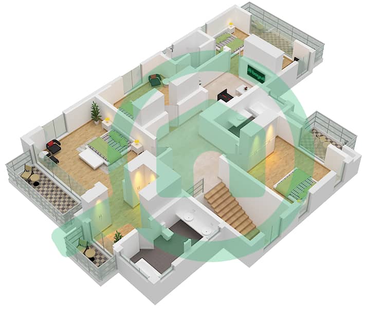 المخططات الطابقية لتصميم النموذج A فیلا 5 غرف نوم - ذا سانديالز First Floor interactive3D