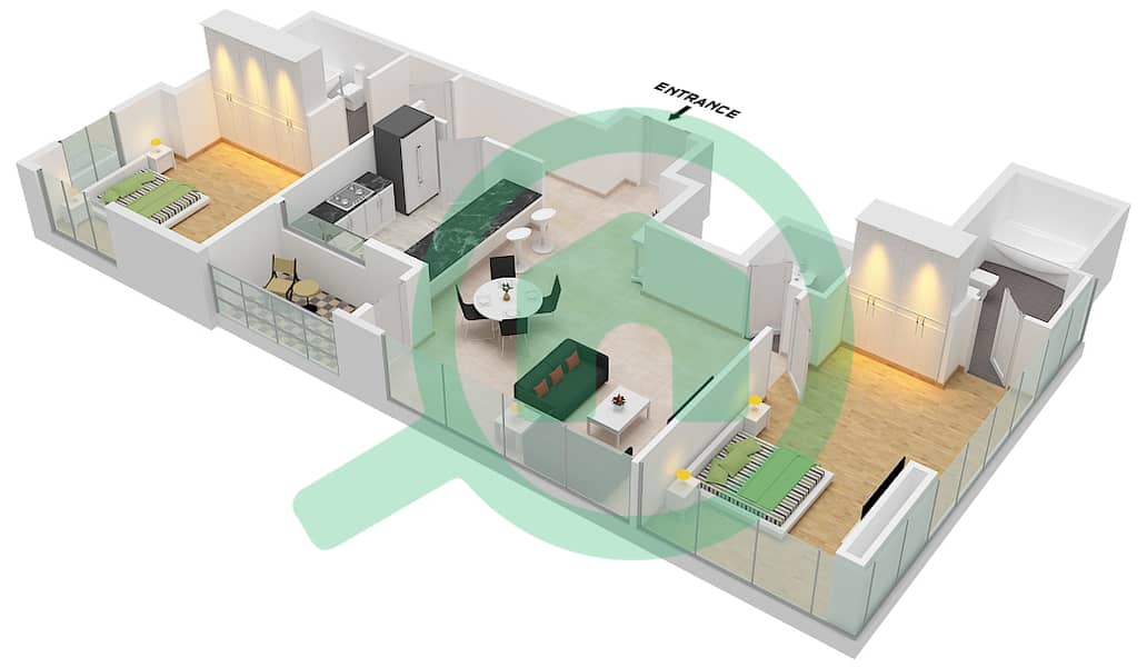 المخططات الطابقية لتصميم النموذج A شقة 2 غرفة نوم - ذا كوزمو بوليتان Apartment Type 3 interactive3D