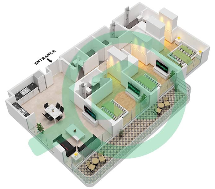 المخططات الطابقية لتصميم النموذج / الوحدة 4 / UNIT 7 BUILDING 3 شقة 3 غرف نوم - العنوان رزيدنسز Type 4 / Unit 7 Floor 3- 22 Building 3 interactive3D