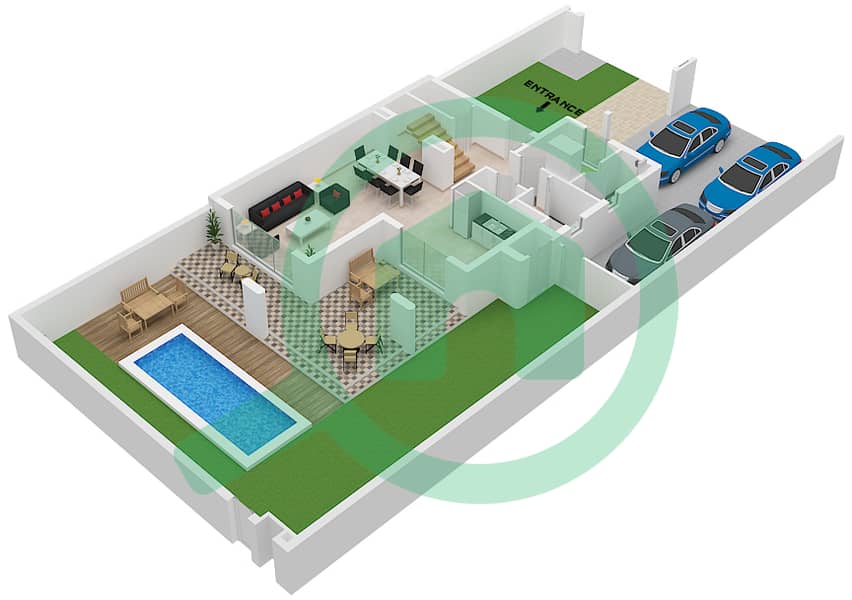 المخططات الطابقية لتصميم النموذج KAI تاون هاوس 3 غرف نوم - ريفانا Ground Floor interactive3D