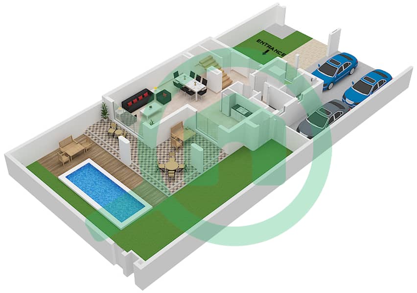 المخططات الطابقية لتصميم النموذج KAI تاون هاوس 3 غرف نوم - ريفانا Ground Floor interactive3D