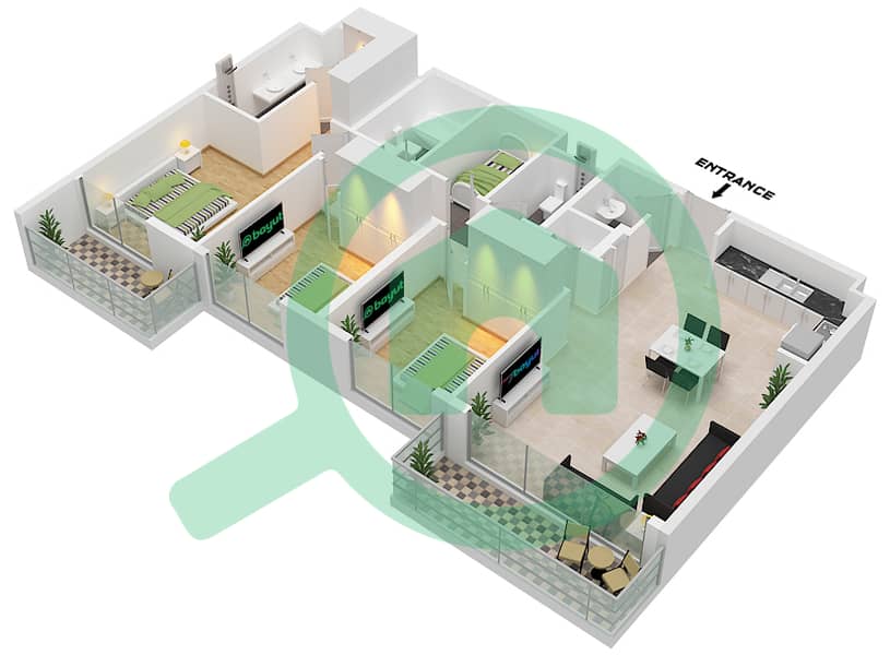 المخططات الطابقية لتصميم النموذج / الوحدة 8 / UNIT 3,4 FLOOR 2-4 شقة 3 غرف نوم - بناية سي جيت 4 8 / Unit 3,4 Floor 2-4 interactive3D
