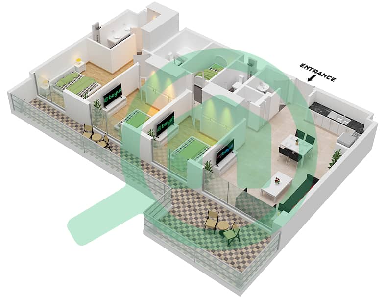 المخططات الطابقية لتصميم النموذج / الوحدة 8A / UNIT 3,4 FLOOR 1 شقة 3 غرف نوم - بناية سي جيت 4 8A / Unit 3,4 Floor 1 interactive3D