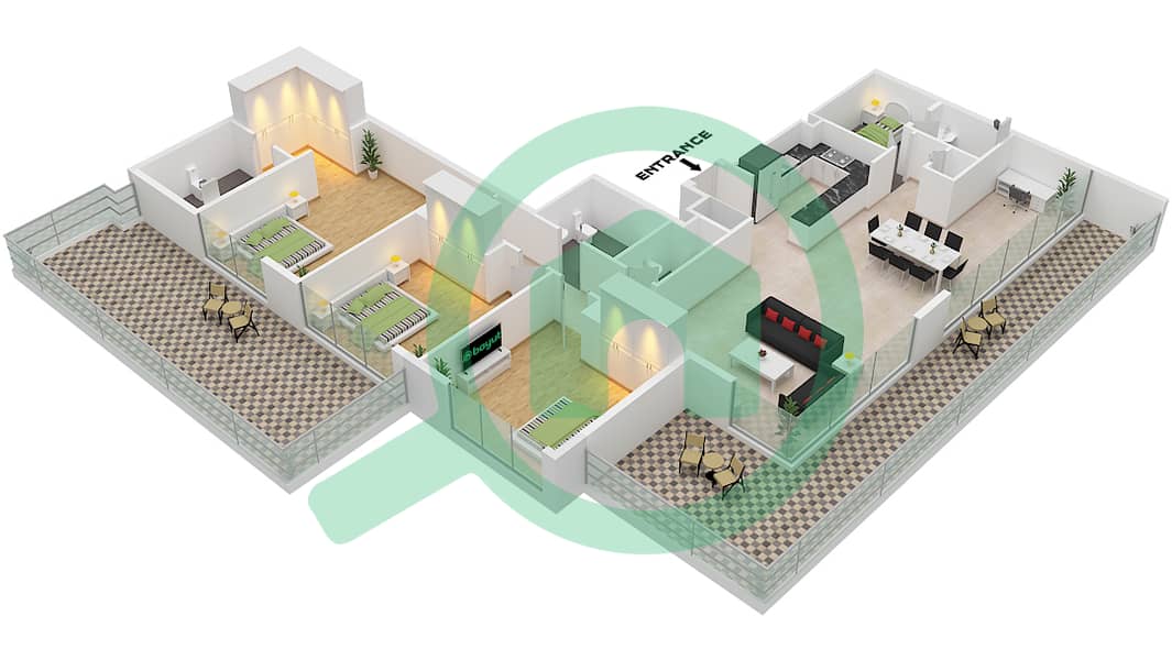 المخططات الطابقية لتصميم النموذج / الوحدة 9A / UNIT 2 FLOOR 5 شقة 3 غرف نوم - بناية سي جيت 4 9A / Unit 2 Floor 5 interactive3D