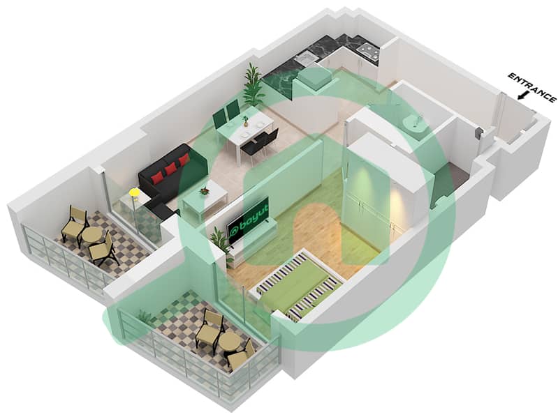 宾格蒂皇冠大厦 - 1 卧室公寓类型A戶型图 interactive3D