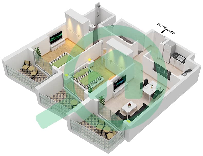 Binghatti Crest - 2 Bedroom Apartment Type B Floor plan interactive3D