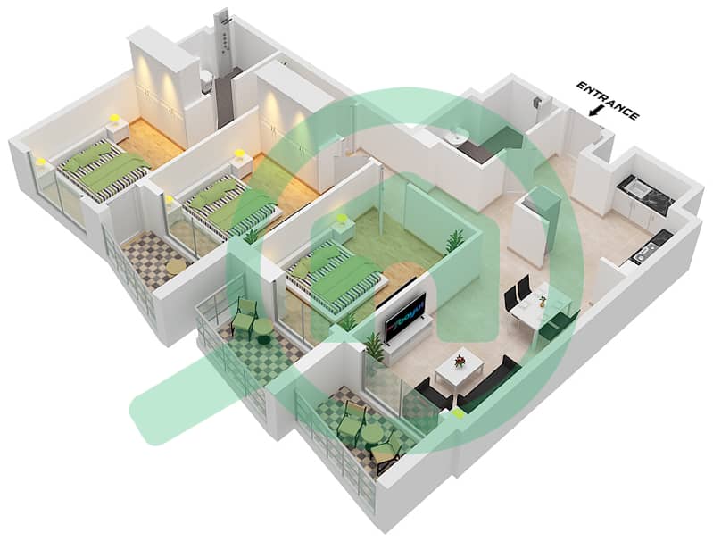 Binghatti Crest - 3 Bedroom Apartment Type C Floor plan interactive3D