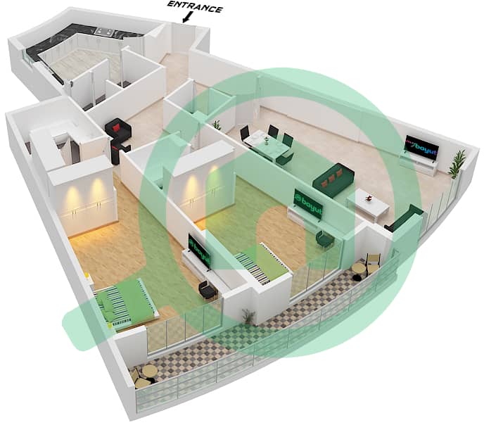 科尼切大厦 - 2 卧室公寓类型1 FLOOR 1-6戶型图 Floor 1-6 interactive3D