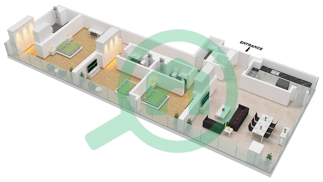 المخططات الطابقية لتصميم النموذج / الوحدة A1,A2 / 01 FLOOR 1-19 شقة 3 غرف نوم - ريزيدنس 110 Type A1,A2 Unit 01 Floor 1-19 interactive3D