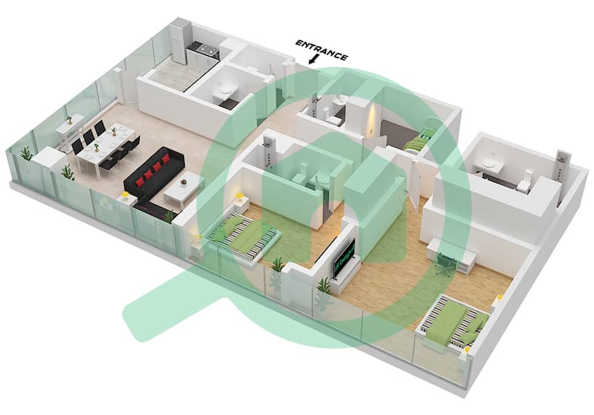 110 Резиденс - Апартамент 2 Cпальни планировка Тип/мера A1,A2 / 03 FLOOR 4-19 Type A1,A2 Unit 03 Floor 4-19 interactive3D