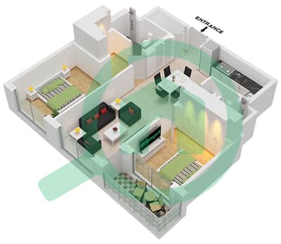 المخططات الطابقية لتصميم النموذج E شقة 2 غرفة نوم - شوبا وان برج B